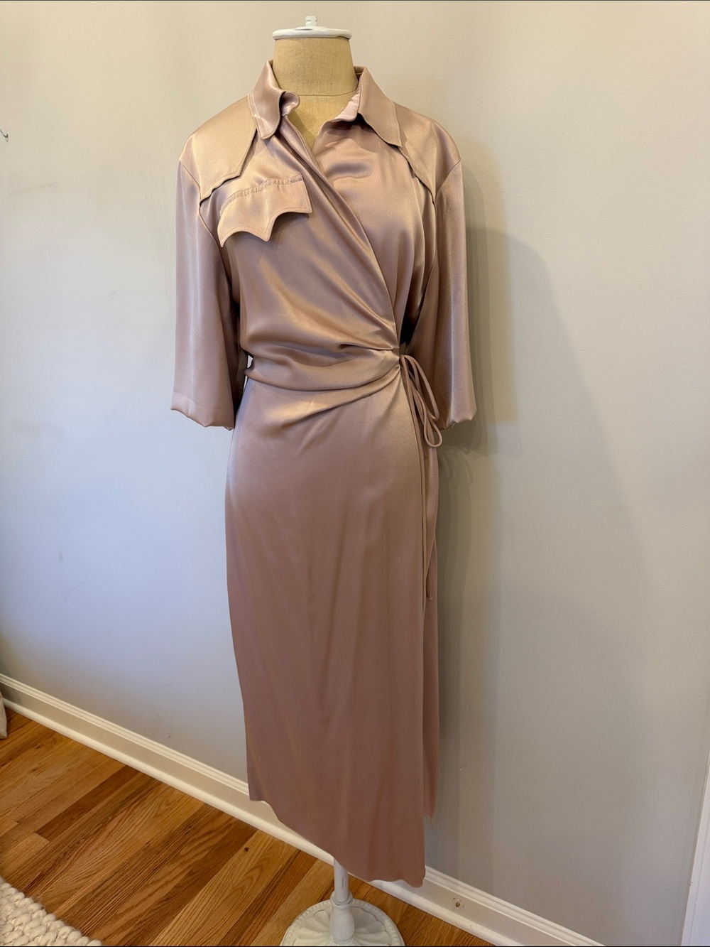 Nanushka Lais Satin
Shirt Wrap Dress Dusty Rose Satin Wrap Midi Dress